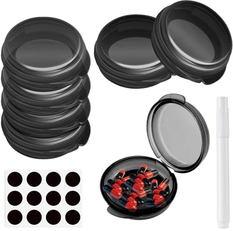 TaimeiMao 7 Stück Kleine Pillendose,Kleine Pillen Organizer Box | Tablettenbox Tablettendose für unterwegs, Mini-Pillen-Organizer für unterwegs(Schwarz, Kommt mit Aufkleber + weißem Stift)