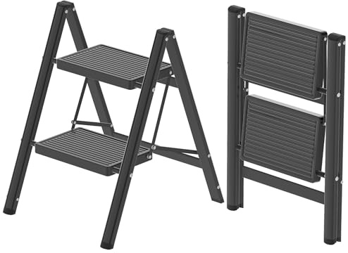 DIAMONDFORGE 2-stufige Leiter, zusammenklappbarer Tritthocker mit rutschfestem breitem Pedal, rutschfeste Füße, stabilste Stahlkonstruktion, 272 kg Kapazität, Stahlleiter für Zuhause und Büro, Schwarz