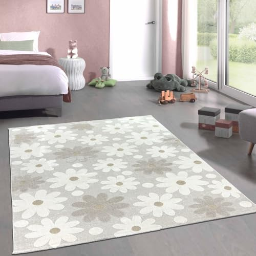 CARPETIA Teppich Kinderzimmer Babyzimmer Spielzimmer großer XXL-Blumen-Teppich weich pflegeleicht schadstoffgeprüft langlebig fröhlich kindgerecht Creme Beige 240 x 340 cm