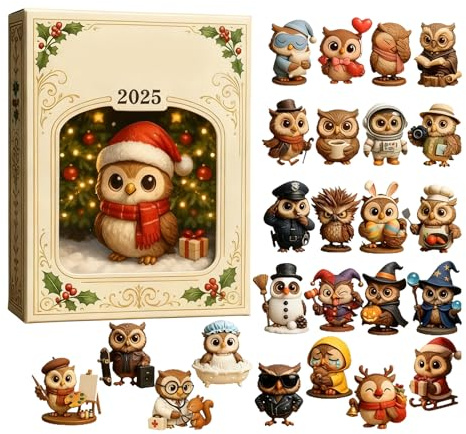 Eule Adventskalender 2025, 24 Tage Eule Ornament Countdown Kalender, Flach Acryl Eulen Figuren Anhänger für Baum Vögel Thema Ornamente Weihnachten Countdown Kalender für Vogelliebhaber