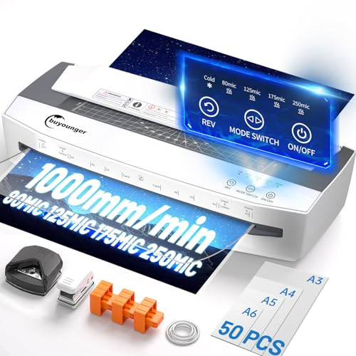 Buyounger Laminiergerät A3 1000mm/min Set mit 50 Folien (4 Rollen) | Auto-Rücklauf, 80-250mic Folien, 50 Folien Set mit Locher & Binder, LED-Status, Auto-Abschaltung