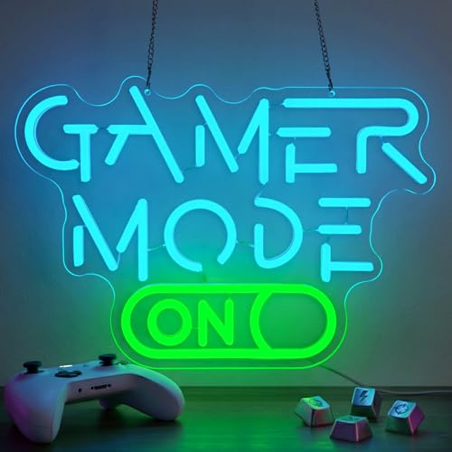 Astuddy Gamer Mode ON Neon Sign, Game Neon Signs for Game Room Wall Decor, Blue Gaming Letter Neon Light, USB Gamer Led Signs for Bedroom Boy's Room Gaming Zone, Gift for Teens