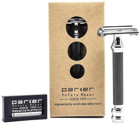 Parker Safety Razor 76R Schmetterling öffnen Double Edge-Rasierapparat - Superschwergewicht - 5 Parker Premium-Blades enthalten. Schwarz