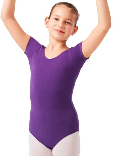 tanzmuster Ballettanzug Mädchen Kurzarm - Sally - aus weichem Baumwollstoff - Ballett Trikot Ballettbody in lila, Größe 92/98