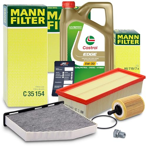 MANN-FILTER Inspektionspaket Filterset 1x Ölfilter, 1x Luftfilter, 1x Innenraumfilter (Aktivkohlefilter), 1x Motoröl 5W-30 LL EDGE FLUID TITANIUM 5 l, 1x Ölablassschraube mit Dichtung,