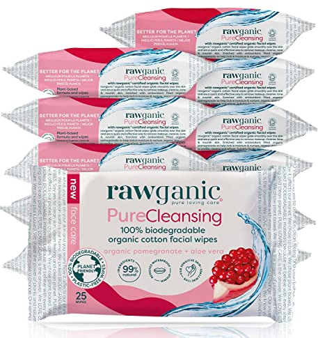 RAWGANIC Pure Cleansing Anti-aging Facial Wipes with Pomegranate and Aloe Vera | Gentle Hydrating Biodegradable Makeup Removal Wipes | Organic Cotton Face Wipes | 12 Packs (300 wipes in total)