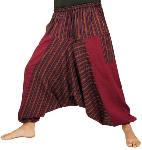 GURU SHOP Haremshose, Gestreifte Patchwork Pluderhose, Pumphose, Aladinhose - Weinrot, Damen, Baumwolle