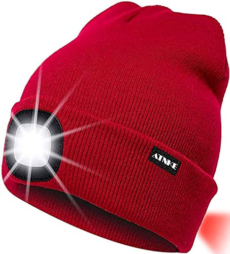 ATNKE 8LED beleuchtete Strickmütze, wiederaufladbare USB-Scheinwerferkappe mit extrem Heller, wasserdichter Lampe und Blinkender Alarm Rotes Rücklicht Multi-Color/Red