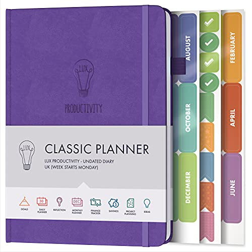 Daily Planner & appointment diary - Gratitude journal, wellness journal & Undated weekly planners and organisers - Desk journals for women & men - LUX Productivity Classic (GRAPE PURPLE)