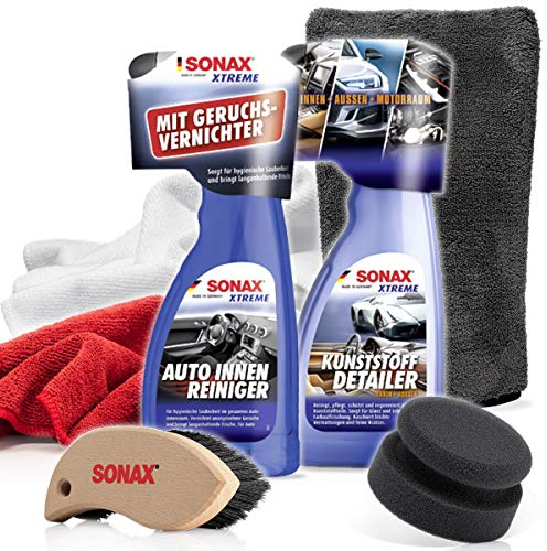 detailmate Interior/Kunststoffpflege Auto Set: SONAX Xtreme AutoInnenReiniger 500ml + KunststoffDetailer Innen + Außen 500 ml + 2X Mikrofasertuch + Lederbürste + Pflegehandschuh + Applikator