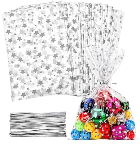 LEOSINDA Zellophanbeutel, transparente Zellophantüten, 17,8 x 30,5 cm, 100 Bindebänder, für Geschenkverpackungen, Verpackungen, Süßigkeiten, Dessert, Bäckerei, Kekse, Schokolade, Partyzubehör,