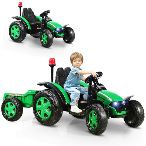 COSTWAY 12V Tracteur Électrique Enfant avec Remorque Amovible & Télécommande 2,4G, Voiture Électrique avec Lumière & Musique, Cheminée & Feu, 3-8 km/h, Charge 30kg pour Enfants de 3-8 Ans