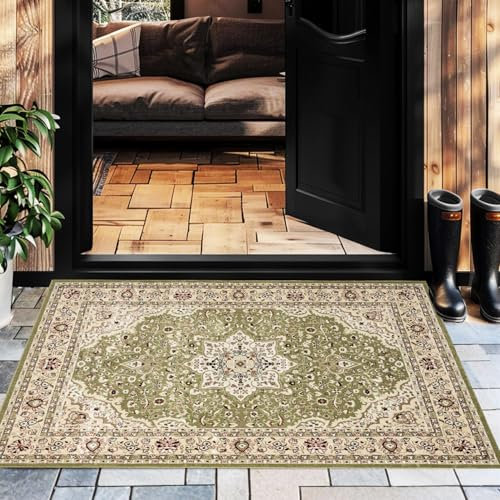 B&B Royal Kashan Doormat - Washable Traditional NonShed Vintage Indoor Mat, Front Door Entrance Carpet Runner Small Floor Mat (Green, 60x110 cm)