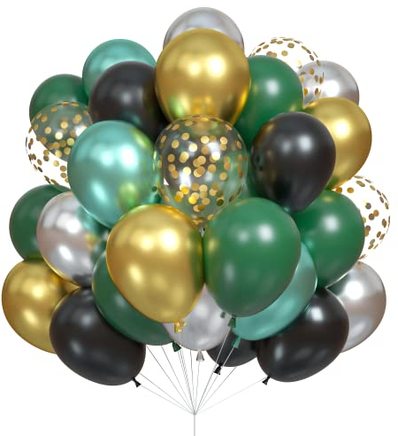 Togvu Green Black Balloons Pack of 60, Dark Green Black Metallic Green Gold Silver Latex Balloons with Gold Confetti for Video Game Party, Wedding, Jungle Safari Theme Birthday Decoration