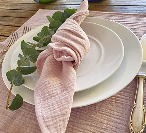 Farnberg Stoffservietten Musselin, Boho Stoff Serviette aus Musslin, bügelfrei | Hochzeitsservietten Puder Rose | 6 Stück | 100% Baumwolle einfarbig, Uni | In Deutschland genäht | 40x40 cm | Rosa