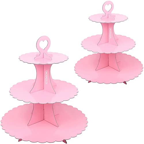 XIXIMENG Confezione da 2 alzate per cupcake in cartone a 3 ripiani, con bordo in pizzo, supporto per cupcake in cartone (D-rosa)