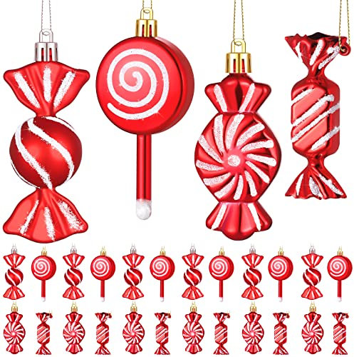Aoriher 24 Pcs Christmas Candy Cane Ornament Plastic Peppermint Candy Cane Christmas Decorations Xmas Hanging Lollipop Pattern Decorations with Rope for Xmas Holiday Festival Decor(Vivid Style)