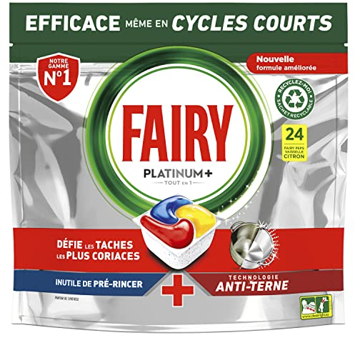 Fairy Platinum Plus Tablettes Lave-Vaisselle All In One, Citron, 24 Capsules, Nettoyage Optimal Pour Une Vaisselle Propre Comme Neuve, Redonne De L’Éclat Et Prévient Le Calcaire