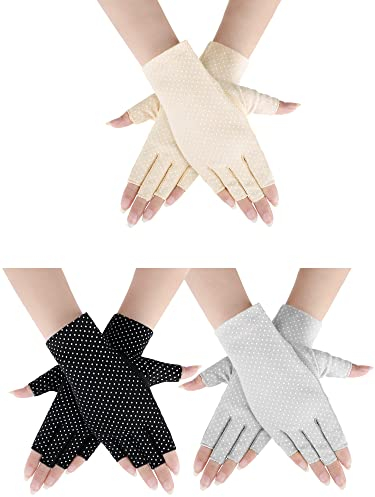 Geyoga 3 Paar Sonnenschutz Halbfinger Handschuhe für Damen Rutschfeste UV Schutzhandschuhe Dünne Angelhandschuhe, 3 Farben