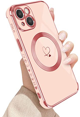 Newseego Magnetic Case for iPhone 13 Case [Compatible with MagSafe], Flexible Soft Silicone Protective Phone Case with Cute Love Heart Pattern Golden Rim Shockproof Bumper Cover for iPhone 13-Pink