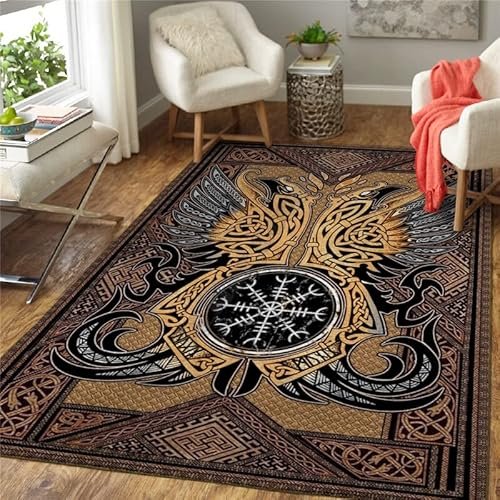 HERENI Wohnzimmer Teppich Schlafzimmer Bettvorleger Wikinger Runen Mythos Odin Krähe Wolf Muster Flanell zottelig weich Teppiche für Kinderzimmer Anti-Rutsch Unterseite waschbarer Teppiche 50x80 cm