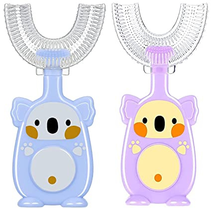 2 Cepillo de Dientes en Forma de U Para Niños, Cepillo de Dientes Infantil, Cabezal de Cepillo Dientes de Silicona Suave, Cuidado Bucal de 360° (blu + viola)