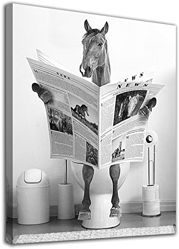 Lustiges Pferd Badezimmer Leinwand Wandkunst Schwarz und Weiß Lustiges Bild Bauernhaus Badezimmer Wanddekoration Pferd sitzt auf Toilette Lesen Zeitung Badezimmer Kunstwerk Pferd Kunst fertig zum