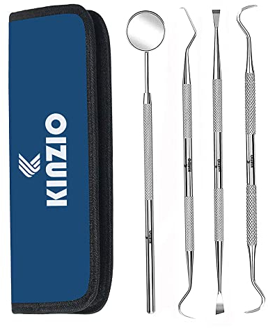 KINZIO Igiene Dentale Kit per Placca e Tartaro Rimozione Sbiancamento Denti kit con specchietto dentista Pulizia Denti Tartaro Ablatore Kit per Cura Orale Domestico Rimozione Tartaro 4p Set