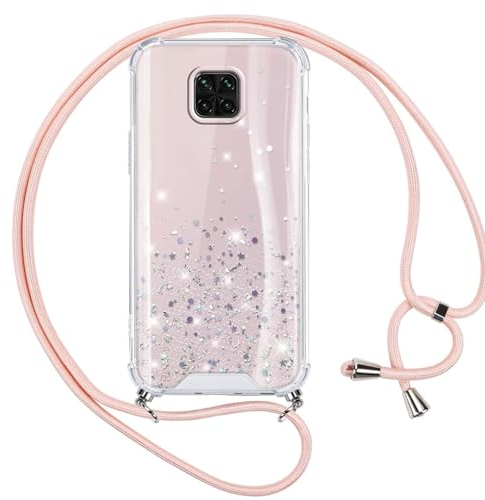 Vauki Handykette Hülle für Xiaomi Redmi Note 9 Pro/9 Pro Max/9S 4G 6.67, Glitzer Hülle Band Silikon Stoßfest PC Case mit Glühen Necklace Schutzhülle mit Premium Kordel abnehmbar zum Umhängen, Rosa