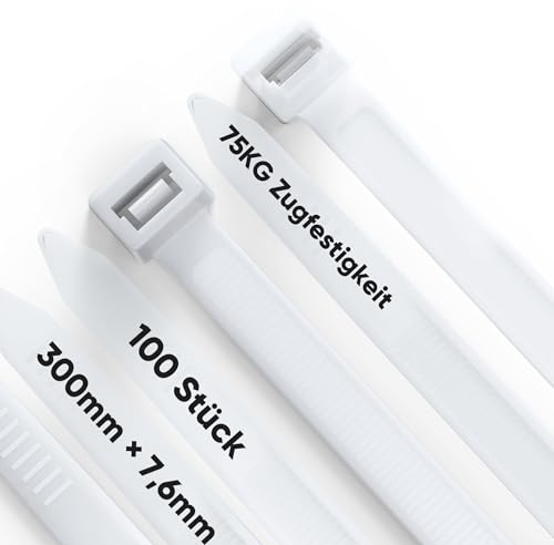 Highwings Kabelbinder Weiß 100 Stück 300mm × 7,6mm, 75KG Zugfestigkeit Nylon Kabelbinder UV Beständig Halter Stark Selbsthemmend Kabelbinder für Familie, Werkstatt, Garten, Kabelmanagement
