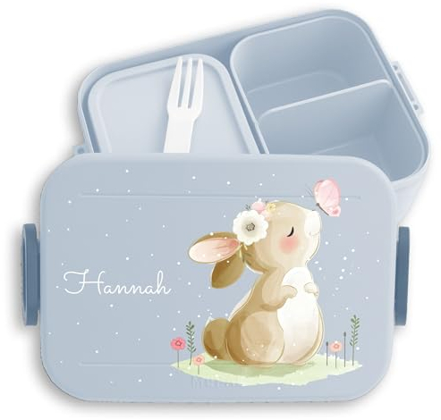 Kinder Bento Box Midi Lunchbox für Mepal Bentobox - Hasen - Brotdose Süßer Hase personalisiert I Langohr I Kaninchen I Rabbit I Süße Tiere - 900 ml - Hellblau - butterbrotdose mädchen