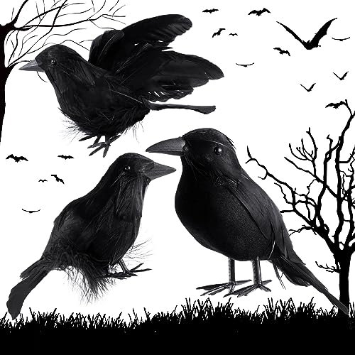 BOFUNX 3 Stück Halloween Krähen Dekoration Set Halloween Krähen Requisite Künstliche Vögel Raben Schwarze Feder Krähe Vogel für Garten Schreibtische Bäume Wände Fenster