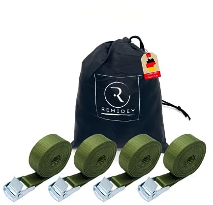 REMIDEY Spanngurte mit Klemmschloss – Zurrgurt kurz - Set - Grün - 2,5m - 4 Stück - DIN EN12195-2 - Belastbarkeit bis 250kg - Befestigungsgurt für Motorrad Camping Fahrradträger Transport