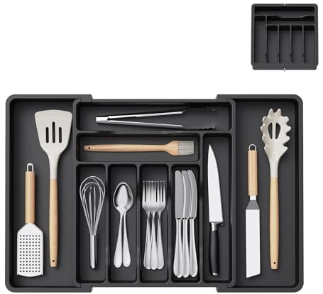 Organizador de Cubiertos, Bandeja para Cubiertos Extensible, Organizador de Cubiertos Ajustable, Cajón para Cubiertos Cocina, Cubertero para Cajones,para Cucharas, Palillos, Cuchillos y Tenedores