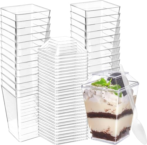 Wubushan Vasitos Plastico para Postres 160ml, 30Pcs Vasitos aperitivos plastico, Mini vasos para postres, Vasos plastico reutilizable con tapas y cucharas, Vasos con tapa Verrines en plastique