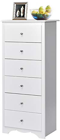 COSTWAY Kommode mit 6 Schubladen, weiß, Kommode für Schlafzimmer, Erwachsene, Aufbewahrungsmöbel aus Holz, 5 Griffe aus Metall, gebogenes Design, weiße Kommode für Schlafzimmer, Wohnzimmer, 59 x 40 x