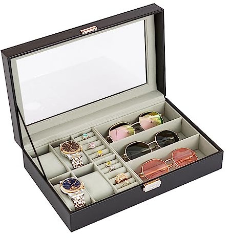 Caja de reloj, PU cuero negro joyero con cerradura de joyería de los hombres versátil reloj organizador caso elegante joyería vitrina para reloj, gemelos, gafas de sol, anillos