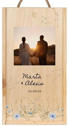 Wanapix | Caja de Vino Personalizada con Fotos y Textos | Caja de Madera con Tapa Corrediza y Asa | Capacidad 2 Botellas | Regalo Boda | 20,5 x 38 x 10,5 cm