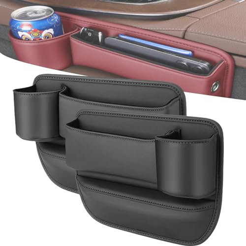 Car Leather Cup Holder Gap Bag, Adjustable Leather Car Seat Storage Box with Water Cup Holder, Seat Gap Storage Box for Glasses Keys Cards (Black,1 Pairs)