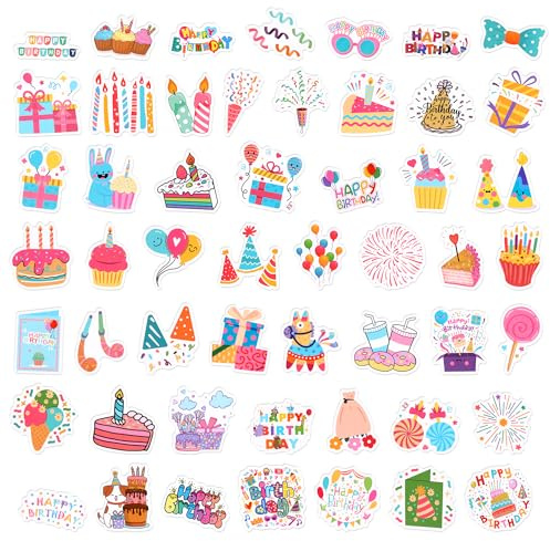 104 Stück Alles Gute zum Geburtstag Aufkleber, Bunt Selbstklebend Birthday-Aufkleber für Karten Umschläge Sammelalbum Geschenk Partyartikel Dekorationen für Kinder Erwachsene (Mehrere Stile)