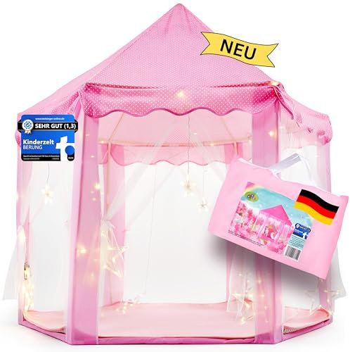 BERUNG Spielzelt Kinderzelt Tipi, in Pink, mit Teppich, Tragetasche und Gratis Lichterkette. Prinzessinnenzelt für Mädchen & Jungen, großes Spielhaus, Kinderschloss