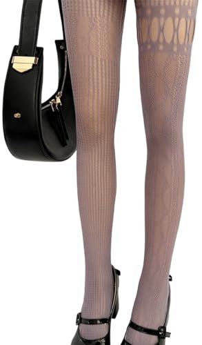 BWANGIAO Donna Estetica Scavata Maglia a Rete Collant Calze Asimmetriche Impiombate a Righe con Motivo in Pizzo Collant Velato
