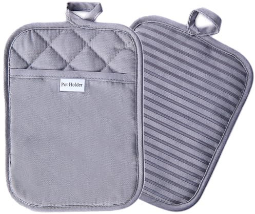 100% Cotton with Silicone Kitchen Everyday Basic Pot Holder Heat Resistant Coaster Potholder Oven Mitts with Pocket for Cooking and Baking Set of 2 (Gray)