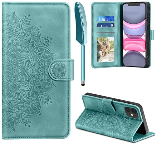 EASDNB Lederhülle für iPhone 11 Hülle, Handyhülle für iPhone 11 Flip Wallet PU Leder Case [Kartenfach] [Magnet] [Ständer] Prägung Klapphülle Schutzhülle für iPhone 11, Grün