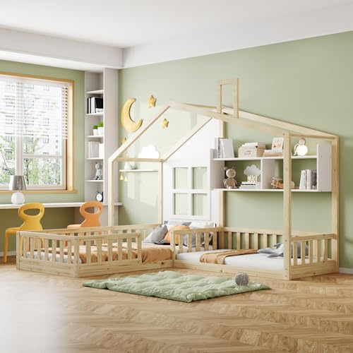 Zravenna Kinderbett Bodenbett 90x200 cm + 140x70 cm, Hausbett Kinder mit Fenster, Schornstein und Regalen, Massivholzbett mit Sicherheitsgitter und Lattenrost, Natur