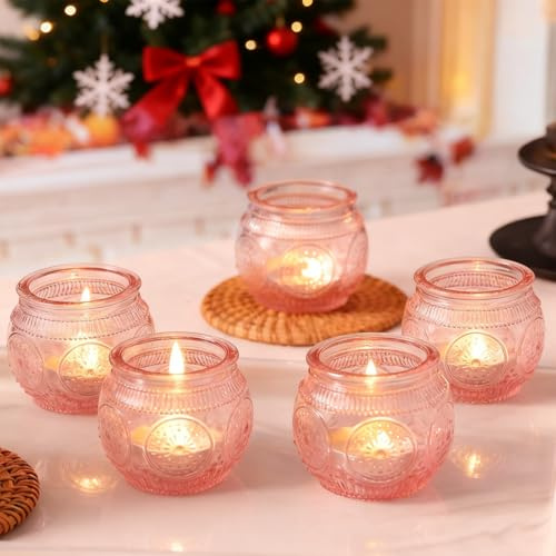 6 Stück Rosa Votivkerzenhalter, Glas-Teelicht-Kerzenhalter für Hochzeit Dusche, Party, Home Decor, Tisch Centerpiece (Rosa)