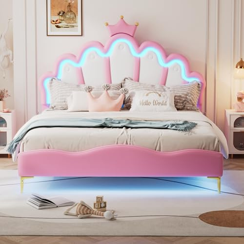 Jaxenor Mädchenbett 140x200, Polsterbett mit Led, Bettgestell mit Polsterung aus PU-Leder für Mädchen, Teenager, Prinzessinnenbett in Kronenform, Einzelbett, (Ohne Matratze) Rosa
