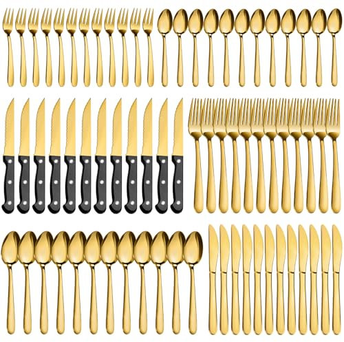 Juego de cubiertos para 12 personas, Pleafind 72 piezas Cubiertos Dorados mate, cuberteria acero inoxidable con cuchillos para carne, elegante juego de cubiertos, incl. tenedores, cucharas, cuchillos,