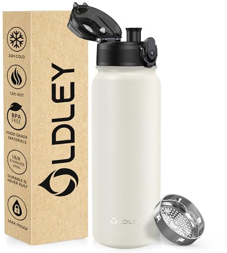 OLDLEY 600ml/20oz Stainless Steel Water Bottle Double Walled Vacuum Flask Keep Drink Hot and Cold Leakproof BPA Free 600ML Metal Insulated Water Bottle for Sport School Work Outdoor Hiking (Cream)