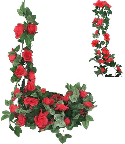 Artificial Flower Garland for Decoration, 2pcs 2.2M/7.2FT/Pieces Long Garland Fake Flowers Artificial Rose, Faux Red Rose for Home, Garden, Indoor, Outdoor, Wedding, Party
